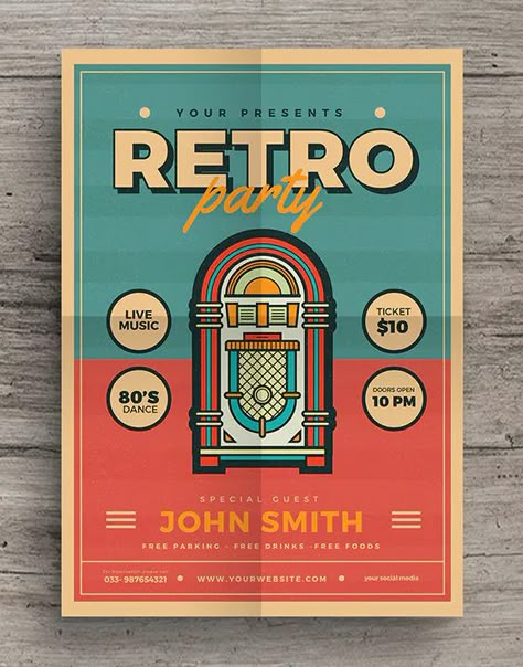 Retro Design Poster, Retro Style Posters, Yearbook Covers, Yearbook Themes, Retro Graphic Design, Party Flyer Template, 광고 디자인, Desain Editorial, Vintage Poster Design