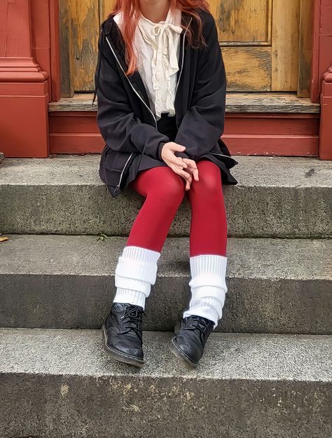 Red Leggings Outfit Aesthetic, Styling Tights In Winter, Tights With Leg Warmers, Red Leg Warmers Outfit, Colored Tights Outfit Autumn, Leg Warmers With Tights, Red And Black Sweater Outfit, Outfit With Red Tights, Red Tights Outfit Aesthetic