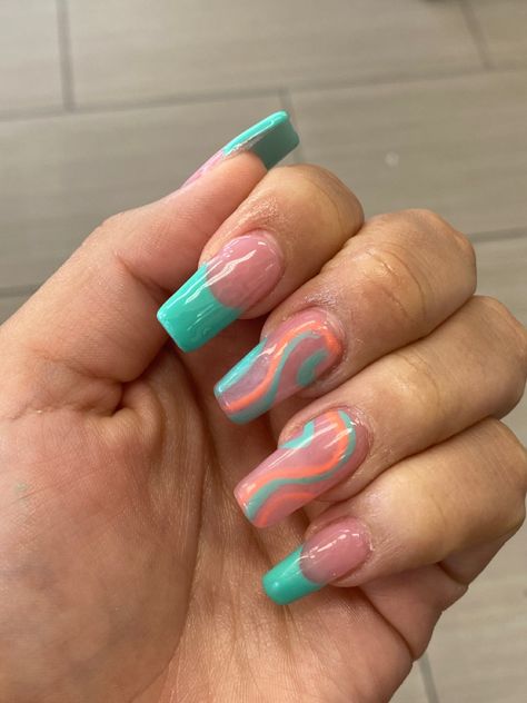 Acrylic gel nails Orange Blue Nails, Classy Acrylic, Acrylic Gel Nails, Classy Acrylic Nails, Almond Shaped, Acrylic Gel, Gel Nail Art, Cute Acrylic Nails, Neon Orange