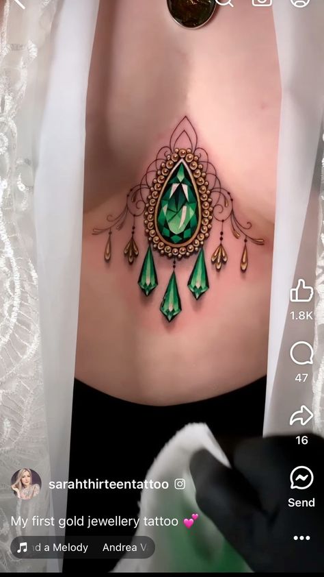 Green Gem Tattoo, Sternum Jewel Tattoo, Gem Tattoo Design Jewels, Jewel Tattoo Gem, Jewel Chest Tattoo, Gems Tattoo, Doctor Oc, Jewellery Tattoo, Gemstone Tattoo