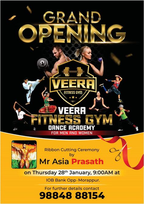 I am really looking for your gracious presence to add vibrancy to the entire Event. It gives me a great pleasure to announce that our brand new #Veera_Fitness_GYM & #Dance_Academy is coming up in Morappur on Thursday 28th,Jan. You all are cordially invited to the opening ceremony of our new Gym&dance academy. Gym Dance, Social Media Advertising Design, Dance Academy, Opening Ceremony, Grand Opening, Fitness Gym, Gym Workouts, Gym, Quick Saves