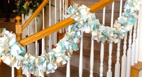 This garland measures over 7 feet long.  This Garland is a combination of shades of Cream,White and Sea Foam Green. I have added a little jute to this one pictured. I can always make it with out the jute if you like. Just let me know when you order.  For the base if the garland I have used wire so Beach Garland, Garland Fabric, Housewarming Party Decorations, Fall Party Decorations, Valentine Garland, Balloon Garland Diy, Rag Garland, Party Girlande, Beach Fabric