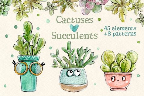 Cacti & Succulents Set +8 patterns by Kristina Crocus on @creativemarket Watercolor Elements, Indoor Gardens, Animal Cookies, Watercolor Images, Funny Character, Watercolor Drawing, Creative Sketches, Cacti And Succulents, Watercolor Cards