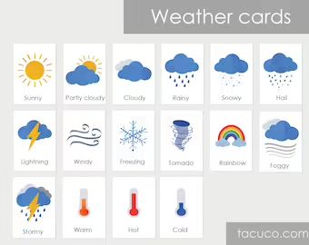 Homeschool pintables for Little Learners by Tacuco on Etsy Weather In English, Weather Flashcards, Circle Time Board, English Flashcards, Speaking Cards, Weather Cards, Toddler Homeschool, Label Shapes, Printable Flash Cards