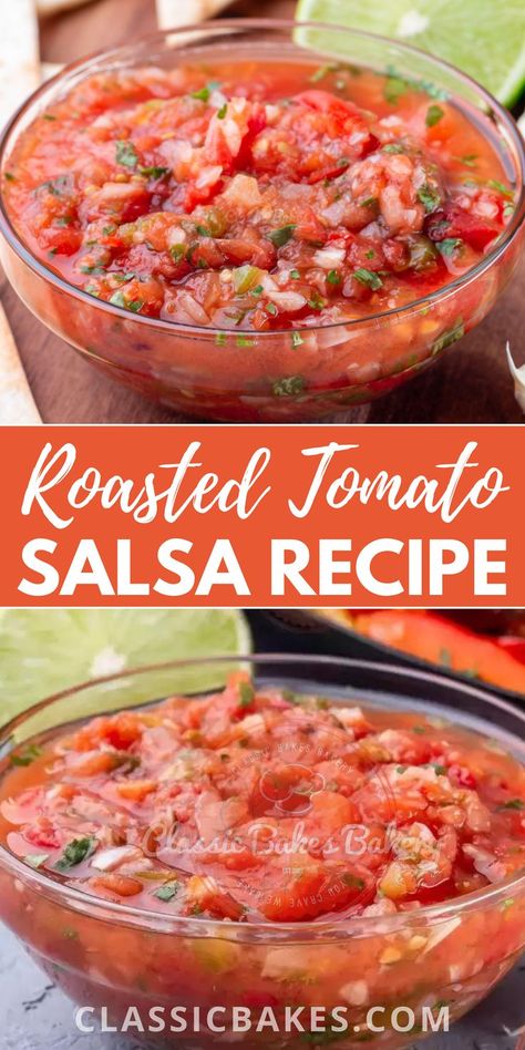 A party isn't complete without salsa. To make this roasted tomato salsa, we roasted tomatoes, garlic, onions, and jalapeños until the tomato skins were blistered and charred. Next, we added them to a food processor and pulsed the vegetables into smaller pieces, so the salsa would still have some texture. We also added a bit of sugar to contrast the spicy flavor created by the jalapeños and a bit of lime juice to add an acidic taste. Tomatoes And Jalapenos, Tomato Skins, Spicy Salsa Recipe, Roasted Tomato Salsa Recipe, Roasted Tomato Salsa, Restaurant Style Salsa, Salsa Recipes, Spicy Salsa, Roasted Tomato