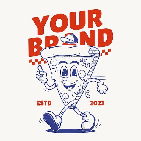 Pizza character retro mascot character | Premium Vector #Freepik #vector #restaurant-logo #food-logo #meal-logo #lunch-logo Retro Pizza Logo, Retro Character Logo, Retro Mascot Logo, Retro Mascot Character, Pizza Logo Design Ideas, Vintage Character Design, Restaurant Mascot, Retro Character Design, Mascot Branding