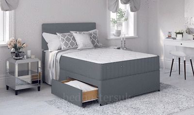 Bed Size : 2FT6 Small Single -3FT Single - 4FT Small Double - 4FT6 Double - 5FT Kingsize - 6FT Super Kingsize. Grey Divan Bed Set. Divan Base Colour: Grey. Headboard : Matching 20" High Headboard. Height - The height of the headboard is 22" Fabric | Colour - Upholstered in fabric to match your bed colour. Grey Divan Bed, Double Divan Bed, Bed With Mattress, Double Bed Mattress, Small Double Bed, Ottoman Storage Bed, Divan Bed, Bed With Drawers, Fabric Bed