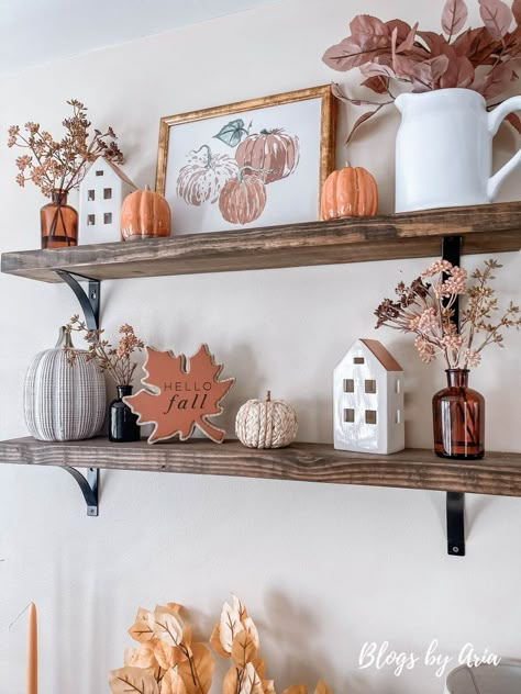 how to decorate floating shelves for fall. fall styled floating shelves. fall floating shelves decorating ideas Interior Thanksgiving Decor, Oval Tray Decor Ideas, Fall Shelves Decor Ideas, Fall Tiered Tray Decor Ideas, Fall Shelf Decor, Winter Tray, Home Fall Decor, Fall Apartment Decor, Fall Front Porch Decor Ideas