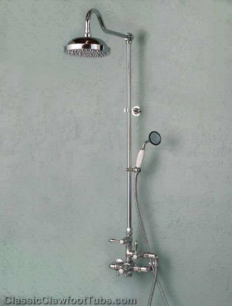 Exposed Wall Mount Thermostatic Shower w/ Rain Shower Head & Handheld Shower | Classic Clawfoot Tub Exposed Shower Plumbing, Shower Marble, Clawfoot Tub Shower, Shower Plumbing, Decorating Bathroom, Shower Fixtures, Bath Tiles, Shower Faucet Sets, Clawfoot Tub