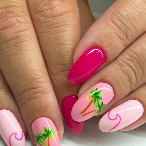 Abby Johnson on Instagram: "palm trees and waves for her trip to Mexico 💕🌴 . swipe for inspo 👉🏼 . #handpaintednailart #nailart #gelnails #gelmanicure #gelpolish #nailpro #nailitdaily #nailswag #nailstagram #nailpromote #pinknails #palmtreenails #brightnails #vacationnails #beachnails #funnails #trendynails #utahnails #utahcountynails" Summer Nails Designs, Tropical Vacation Nails, Palm Tree Nails, Beachy Nails, Boho Nails, Summer Nail Designs, Nude Nail Designs, Painted Nail Art, Blue Nail Designs