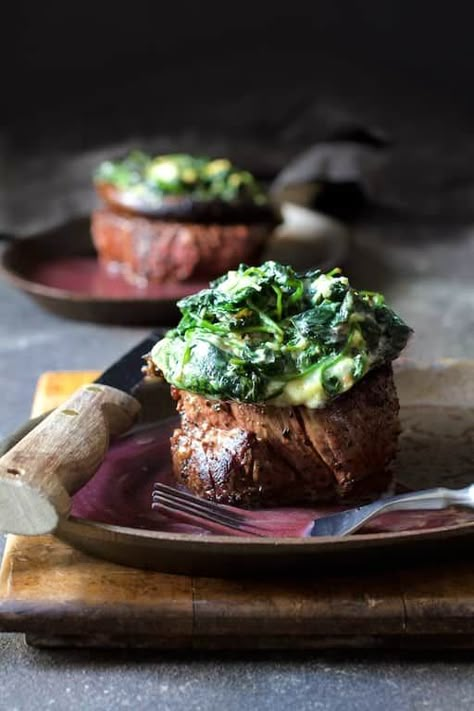 Easy Elegant Dinner, Plated Entrees, April Recipes, Plated Meals, Elegant Dinners, Stuffed Portobello Mushrooms, Beef Tenderloin Recipes, Stuffed Portobello, Beef Fillet