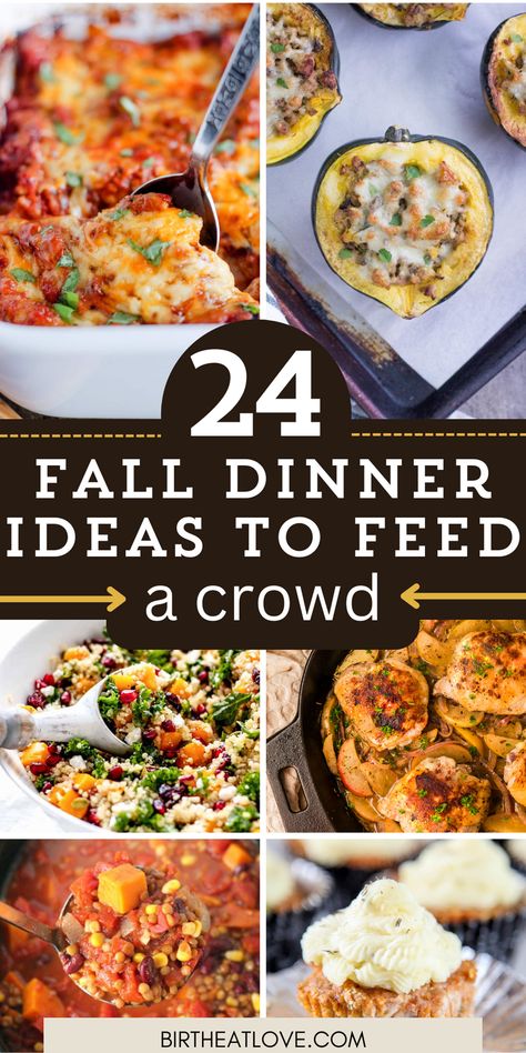 Crowd pleasing Fall dinner ideas! Having guest for the holidays? Here's some Fall dinner recipes perfect for feeding a crowd. You'll find a bunch of dinner ideas for casseroles, stews, soups, Fall salads and easy one pot meals to serve your guests or take to potluck. Give these warm and cozy Fall dinner ideas a try!  #Falldinnersideas Autumn Dinner Ideas, Dinner Recipes For Fall, Soups Fall, Ideas To Feed A Crowd, Healthy Fall Dinner Recipes, Dinners With Chicken, Autumn Dinners, Cozy Fall Dinner, Autumn Meals