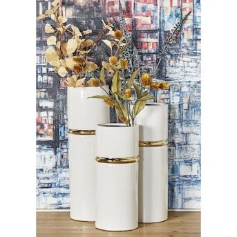 Grayson Lane Modern Style White Ceramic Vases Set of 3 12-in 14-in 16-inH in the Decorative Accessories department at Lowes.com Grey Vases, Colored Vases, White Ceramic Vases, Branch Decor, Grey Ceramics, Table Vase, Glam Style, Floor Vase, Table Vases