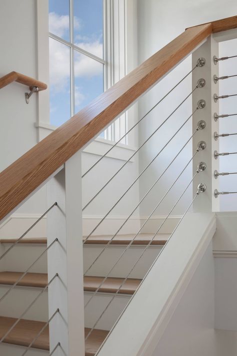 Coastal Maine Home - Transitional - Staircase - Portland Maine - by Peter B. Rice & Co | Houzz Beach House Staircase, Cable Railing Interior, Basement Redesign, Transitional Staircase, Contemporary Staircase, Diy Staircase, House Staircase, Interior Staircase, Beach House Interior Design