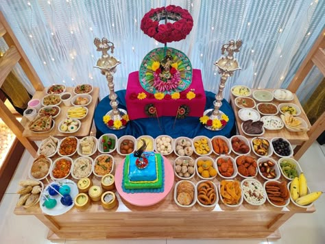 Chappan bhog offering 56 Bhog Thali For Krishna, 56 Bhog Decoration At Home, Bihari Ji, Lakshmi Pooja, Pooja Decoration, Stylish Ponytail, Janmashtami Decoration, Diy Floral Decor, Diwali Decoration Items