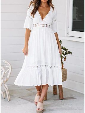 Plain Dresses | Refresh your wardrobe at an affordable price Midi Elegant Dress, Trumpet Sleeve Dress, Summer Dance, Boho Dress Short, Midi Dress Chic, White Boho Dress, White Dress Party, Elegant Dresses For Women, White Party