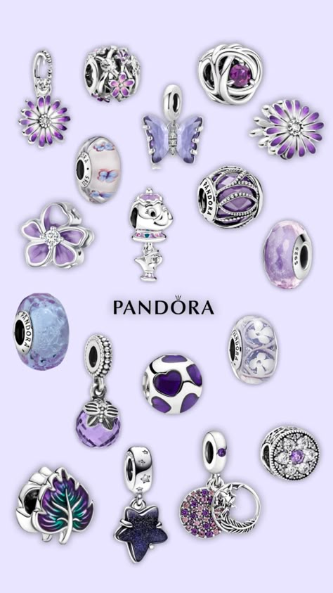 Purple Pandora charms 💜🍇🪻☂️🌂🪁🧞#purple #purpleaesthetic #purplecollage #pandora #pandoracharm #pandoracharms #jewelry #charms #aesthetic #style #silver Purple Pandora, Charms Aesthetic, Pandora Purple, Pandora Bracelet Charms Ideas, Silver Pandora Charms, Pandora Bracelet Designs, Pandora Jewelry Charms, Hand Chain Bracelet, Crystal Bead Jewelry