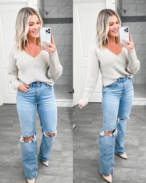 LuxeLoft V-Neck Sweater curated on LTK Cream V Neck Sweater Outfit, Womens Bar Outfits, Grey V Neck Sweater Outfit, How To Style V Neck Sweater, Sweaters With Collared Shirts, V Neck Sweater Outfit, Vneck Sweater Outfit, Cream Sweater Outfit, Sweaters Outfit