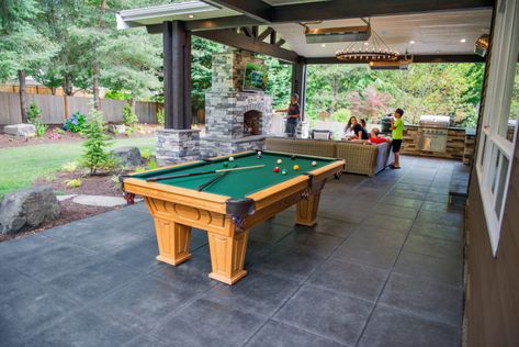 Taking a Backyard to the Next Level Backyard Bar With Pool Table, Backyard Pool Table Ideas, Outdoor Game Room Backyards, Outdoor Pool Table Ideas Backyards, Outdoor Pool Table Ideas, Backyard Pool Table, Pool Table Ideas, Outdoor Game Room, Patio Gym