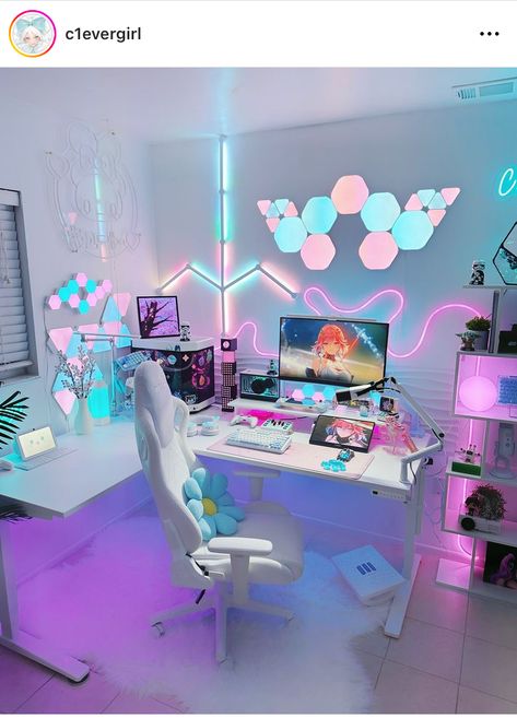 Pink And Blue Setup, Pink And Blue Theme, Daisy Flower Pillow, Good Night In Spanish, Gamer Bedroom, Gaming Desk Setup, Desk Layout, Relaxing Weekend, Office Room Decor