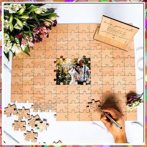 Looking for unforgettable wedding guest book ideas? Check out our curated list of 8 unique options to capture cherished memories. From personalized puzzles to fingerprint trees, these creative alternatives will make your special day even more memorable. Say goodbye to traditional guest books and hello to a truly one-of-a-kind keepsake. Explore now! Unique Things To Have At Your Wedding, Wedding Reception Ideas On A Budget, Creative Guest Book Ideas, Puzzle Guest Book Wedding, Puzzle Guest Book, Wedding Puzzle, Wood Guest Book Wedding, Rustic Wedding Decorations, Custom Guest Book