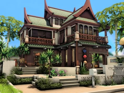 Sims 4 Indian House, Thai Sims 4 Cc, Sims 4 Asian House, Sims 4 Japanese House, Thai Houses, Japanese Mansion, Thai House Design, Sims4 House, China House