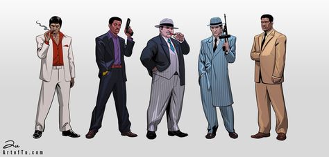 Stuff from work this week, gangsters, from left to right: Tony Montana, Felix 'The Cat' Mitchell, Al Capone, Mickey Cohen, and Frank Lucas. Chicago Mafia, Mickey Cohen, Gangster Outfit, Mafia Game, Dope Cartoons, Zoot Suit, Tony Montana, Al Capone, Dope Cartoon Art