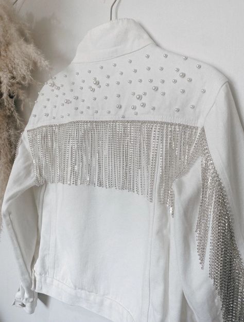 Rhinestone Fringe Pearl Jacket Pearl Jacket Wedding Jacket - Etsy Untamed Petals, Pearl Jacket, Bride Jacket, Fringe Jeans, Shower Outfits, Denim And Diamonds, Rhinestone Fringe, Looks Country, White Jean Jacket