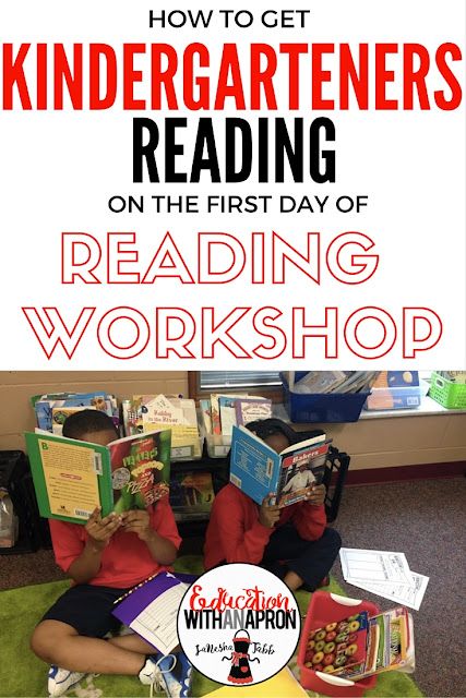 How to Get Every Kindergartener Reading on the First Day of Reading Workshop – Education With An Apron Reading Workshop Kindergarten, Readers Workshop Kindergarten, Kindergarten Reading Lessons, Kindergarten Reading Centers, Small Group Reading Activities, Early Childhood Education Resources, Lucy Calkins, Guided Reading Kindergarten, Kindergarten Language Arts