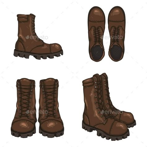 Set of Vector Cartoon Army Boots Male Boots Drawing, Hiking Boots Drawing Reference, Army Boots Drawing, Boots Drawing Reference Front View, How To Draw Boots, Boots Back View, Combat Boots Drawing, Boots Front View, Boots Drawing Reference