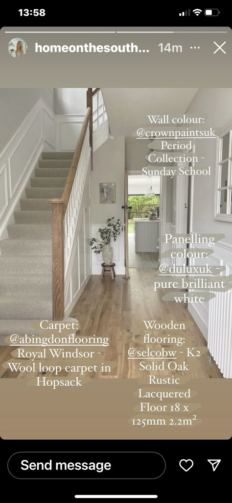 White And Oak Hallway Ideas, Oak Flooring Hallway, Panelling Colour Schemes, Beige Carpet Stairs And Landing, Carpeted Stairs With Wood Floors, Hallway Wooden Floor, Beige Staircase, Drayton House, Upstairs Landing Ideas