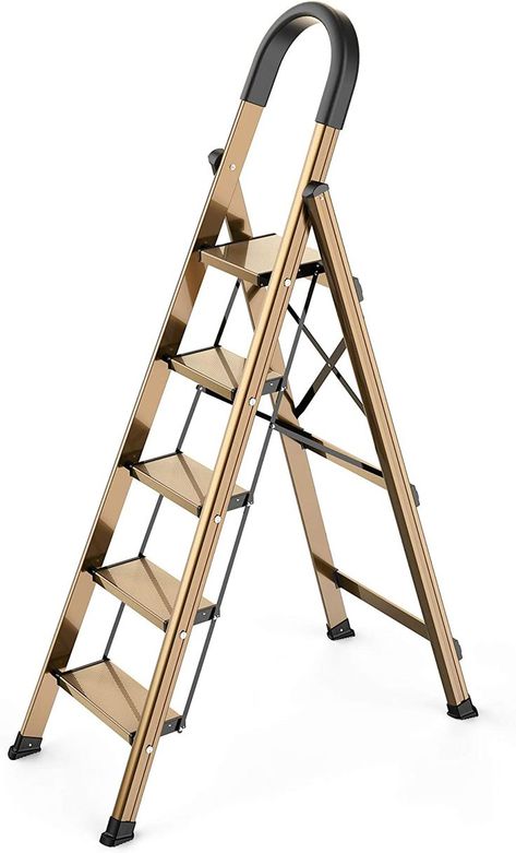 Lightweight Aluminum 5 Step Ladder Folding Step Stool with Convenient Handgrip Stepladders with Anti-Slip and Wide Pedal for Home and Kitchen Use Space Saving - Brown Gold Vineyard Restaurant, Sliding Ladder, Aluminum Kitchen, Kitchen Ladder, Folding Step Stool, Folding Ladder, Grad Student, Ladder Shelf, Gold N