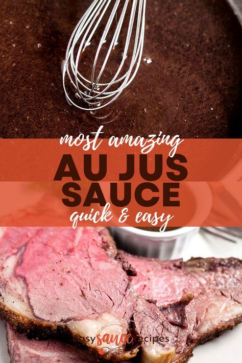 My easy Au Jus Sauce recipe uses meat drippings and just 3 ingredients for the most amazing homemade au jus recipe! Ready in 5 minutes to use with your favorite recipes and sandwiches for dipping. You'll never want to use store-bought au jus gravy mix again! Au Juice Recipe, August Jus Recipe, Au Juice Recipe Beef, Aju Sauce For Prime Rib Recipe, Aus Jus Recipe Simple, Beef Jus Recipe, Au Jus Recipe Easy, Homemade Au Jus Recipe, Prime Rib Au Jus Recipe