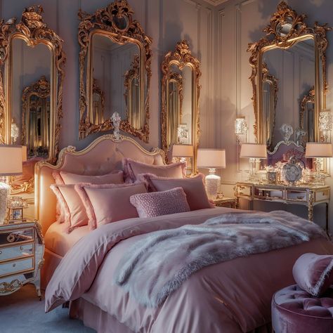 "Elegant bedroom with ornate gold-framed mirrors, pink bedding, velvet cushions, and warm golden lighting creating a glamorous and feminine vibe." Pink Luxury Bedroom, Bedroom Mirrors, Pink Rooms, Framed Mirrors, Pink Luxury, Aesthetic House, Gold Framed Mirror, Glam Bedroom, Gold Bedroom