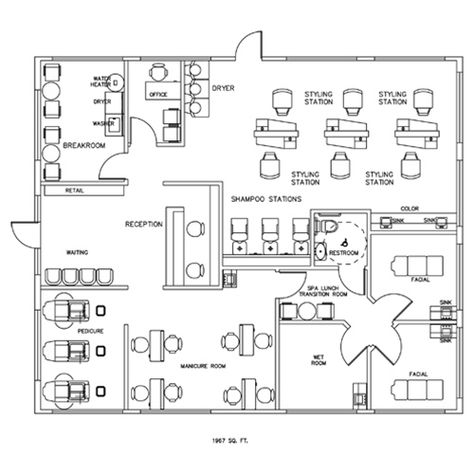 Salon & Spa Design Floorplan Layout - 1967 Square Feet Parlour Ideas, Hair Salon Design, Spa Ideas, Nail Salon Design, Beauty Parlour, Beauty Salon Design, Beauty Salon Interior, Beauty Salon Decor, Spa Decor