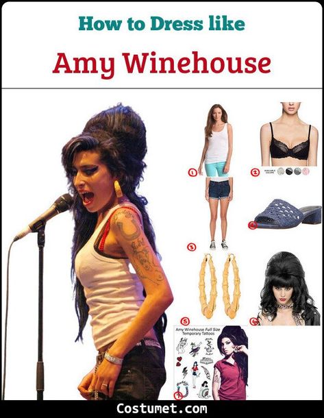 Amy Winehouse Costume for Cosplay & Halloween 2021 Amy Winehouse White Tank Top, Any Winehouse Outfit, Amy Winehouse Iconic Outfit, Amy Whine House Halloween, Any Winehouse Costume, Amy Winehouse Aesthetic Outfits, Any Winehouse Halloween Costume, Amy Winehouse Style Outfits, Amy Wine House Costumes