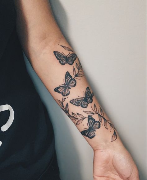 Butterfly Up Arm Tattoo, Wrap Around Wrist Tattoos Butterfly, Butterfly Vines Tattoo, Wrap Around Tattoo With Butterflies, Butterfly Tattoo Lower Arm, Butterfly With Vines Tattoo, Forearm Tattoo Women Butterflies, Sleeve Add Ons Tattoo, Butterfly And Vine Tattoo