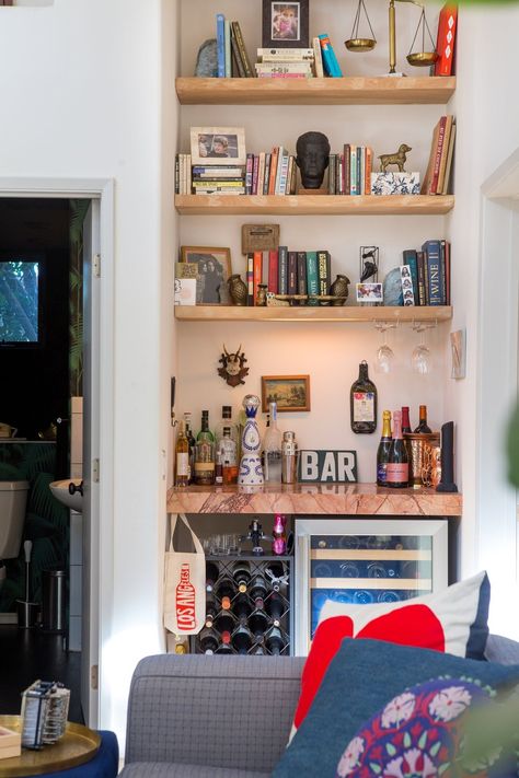 Dustin & Maya's Eclectic Hillside Home in Silver Lake Small Home Wine Bar, Built In Bookshelf Bar, Bookshelf With Bar, Bookshelf And Bar Combo, Bar Section In Living Room, Bar Nook In Living Room, Blackstone Kitchen, Bar Bookshelf, Beautiful Bookcases