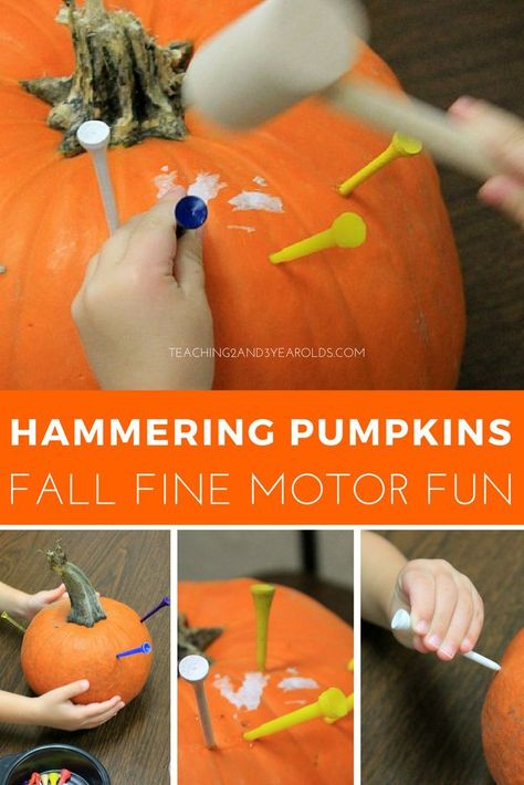 Grab some pumpkins and invite your preschoolers to hammer golf tees into them! This is such a fun fall activity that strengthens fine motor skills! Halloween Theme Preschool, Pumpkin Activity, Pumpkin Lessons, Halloween Lesson Plans, Pumpkins Preschool, Fall Lesson Plans, Halloween Lesson, Fall Preschool Activities, Pumpkin Activities