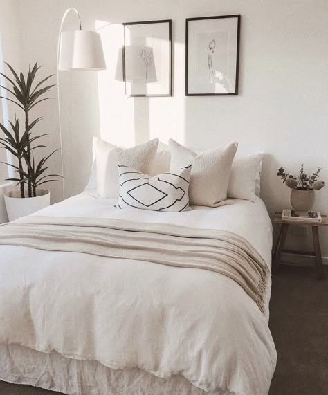 Teenage Neutral Bedroom, Bedrooms No Headboard, Bedroom Inspo No Headboard, Spare Bedroom Aesthetic, White Bed Frame Room Ideas, Master Bed No Headboard, Guest Bedroom No Headboard, Queen Bed With No Headboard Ideas, Beds No Headboard Ideas