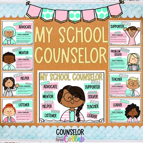 School Counselor Monthly Newsletter, School Counselor Interactive Bulletin Board, Guidance Counseling Room Decoration, Guidance Office Decor Ideas, School Counseling Bulletin Boards Elementary, School Psychology Week Ideas, Counselor Board Ideas, Welcome Back To School Bulletin Boards Counselor, Back To School Counselor Bulletin Boards