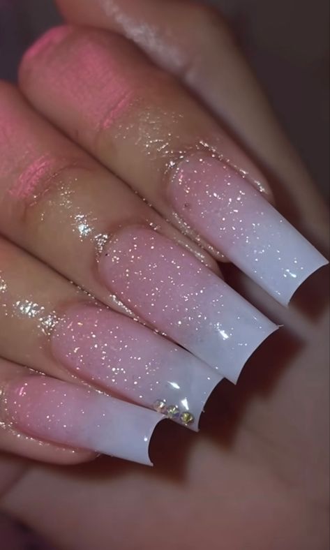 Sparkly Square Acrylic Nails, Ombre With Glitter Nails, Glitter Baby Boomer Nails, Pink Baby Boomer Nails, Pretty Ombre Nails Sparkle, Baby Pink Ombre Nails, Pink And White Glitter Nails, Ombre Nails With Gems, Ombre Nails With Diamonds