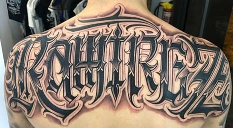 Mexican Style Font Tattoo, Mexican Lettering Tattoo, Back Lettering Tattoo Men, Last Name On Back Tattoo, Chest Lettering Tattoo Men, Last Name Back Tattoos For Men, Stomach Lettering Tattoos Men, Reyes Tattoos, Lettering Back Tattoo