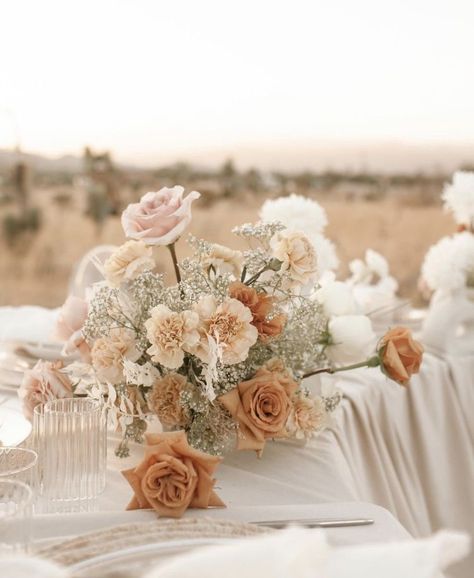 Wedding Dish Decoration, Modern Neutral Wedding Flowers, Ballgown Wedding Dress With Bouquet, Terracotta Wedding Bride And Groom, Neutral Simple Wedding Decor, Neutral October Wedding, Taupe Centerpiece Wedding, Neutral Backyard Wedding, Neutral Flower Arrangements Centerpieces