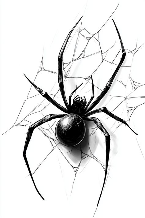 A black widow spider in a web, presented in a detailed 3D tattoo design sketch style. Spider's Web Tattoo, Orb Weaver Spider Tattoo, Spider Tattoo Drawing, Spider Tattoo Sketch, Black Widow Tattoo Design, Spider Drawing Sketches, Spider Tattoo Stencil, Tattoo Design Sketches, Black Widow Art