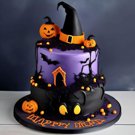 Witch Cake Birthdays, Halloween Themed Birthday Cake, Purple Halloween Cake, Halloween Birthday Cakes For Kids, Halloween Tårta, Torte Halloween, Halloween Cake Ideas, Cute Halloween Cakes, Halloween Birthday Cake