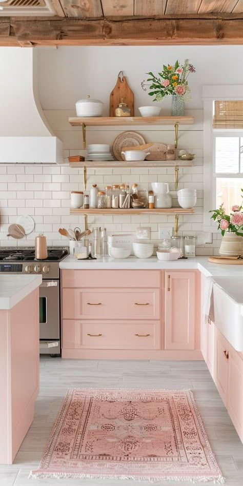 Puppy Apartment, Tulum House, Pink Kitchens, Kitchen Cabinet Color Ideas, Murs Roses, Cabinets Makeover, Pastel Kitchen, Kitchen Remodel Ideas, Inspiration Kitchen