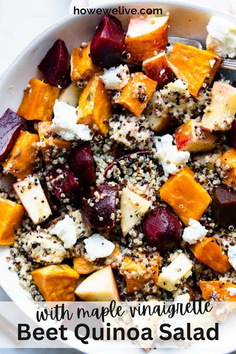 This Beet Quinoa salad is as beautiful and healthy as it is easy and delicious. Loaded with protein, fiber, vitamins, and minerals, this satisfying and nourishing salad will keep you full for hours. Each serving has 6 grams of fiber and 10 grams of protein! Beet Quinoa, Salad With Maple Vinaigrette, Healthy Fall Salads, Meal Prep Foods, Beet Goat Cheese Salad, Beet Goat Cheese, Vegetarian Casserole Recipes, Recipes For Meal Prep, High Protein High Fiber