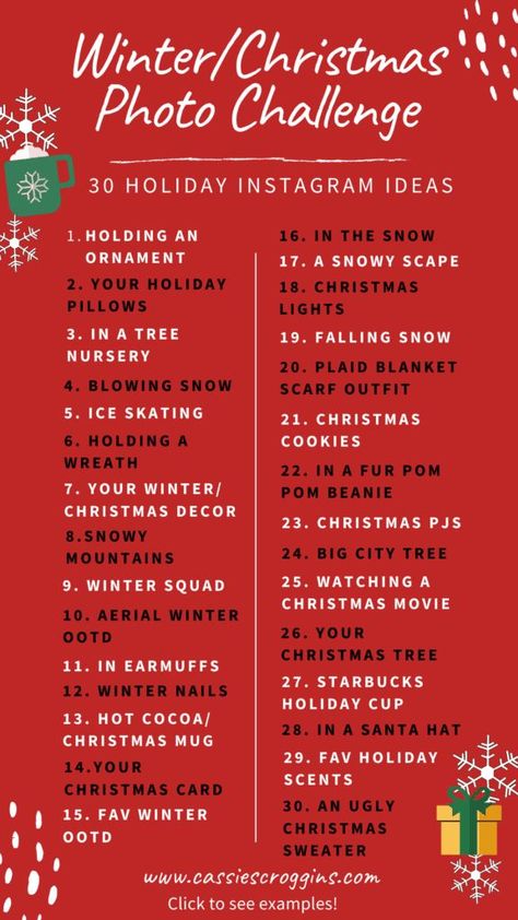 30 Winter & Christmas Photo Ideas to Give Your Instagram Holiday Vibes. #events #eventplanning #management #branding #eventbrandingideas Christmas Photo Challenge, Christmas Photo Ideas, Christmas Bucket List, Christmas Bucket, Christmas Prep, Winter And Christmas, Holiday Cups, Holiday Vibes, Christmas Mood