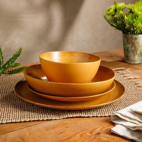 Bloomhouse Palermo Sun 16 Piece Double Bowl Stoneware Reactive Glaze Plates and Bowls Dinnerware Set Boho Dinnerware, Modern Ceramics Design, Starter Plates, Coconut Bowls, Handmade Dinnerware, Luxury Plates, Handmade Tableware, Unique Plates, Casual Dinnerware